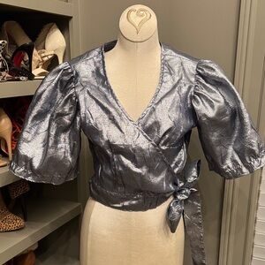 Lisa Says Gah Metallic Silver Puff Sleeve Wrap Top